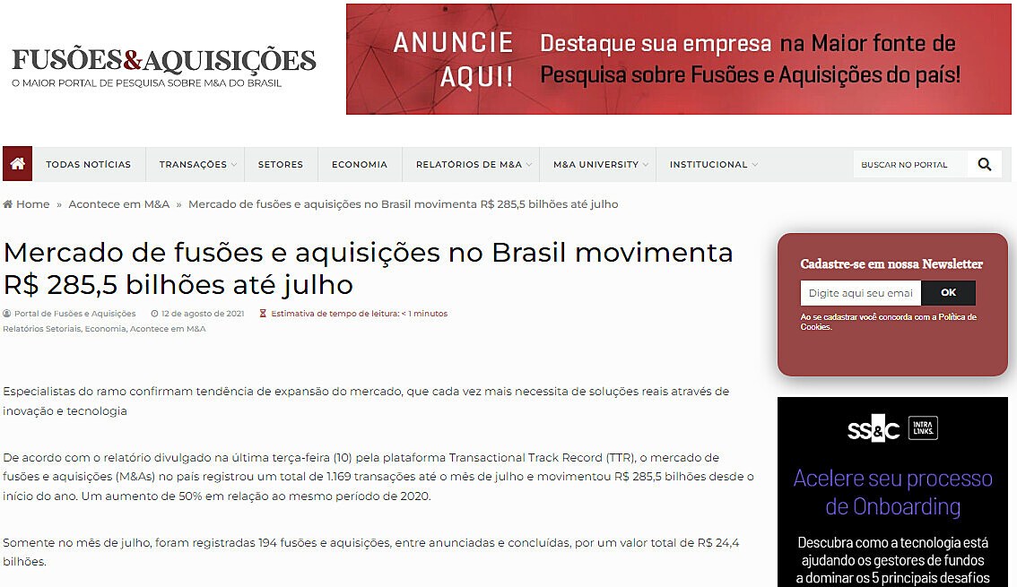 Mercado de fuses e aquisies no Brasil movimenta R$ 285,5 bilhes at julho
